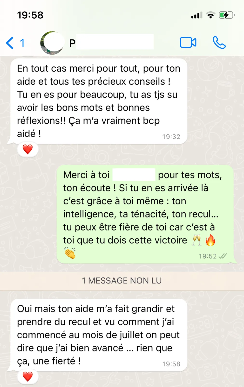 Message reçu — fierté et recul